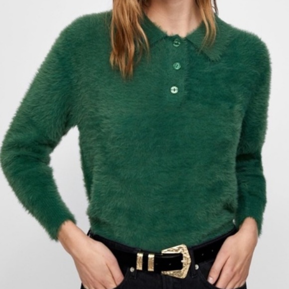 Zara Sweaters - Zara Green Fuzzy Collared Pullover Sweater M